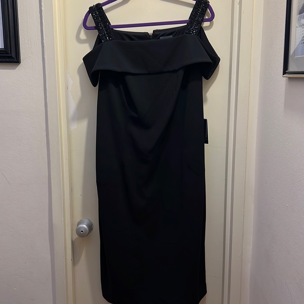 NWT Adrianna Papell black crepe off shoulder cocktail dress